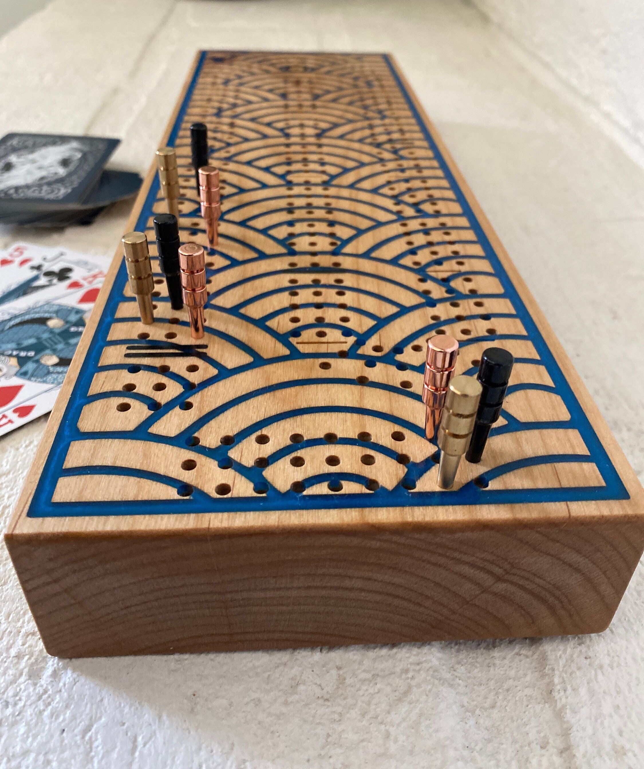 Custom Cribbage Board, Japanese Wave Design, Resin Inlay, Hardwood ...