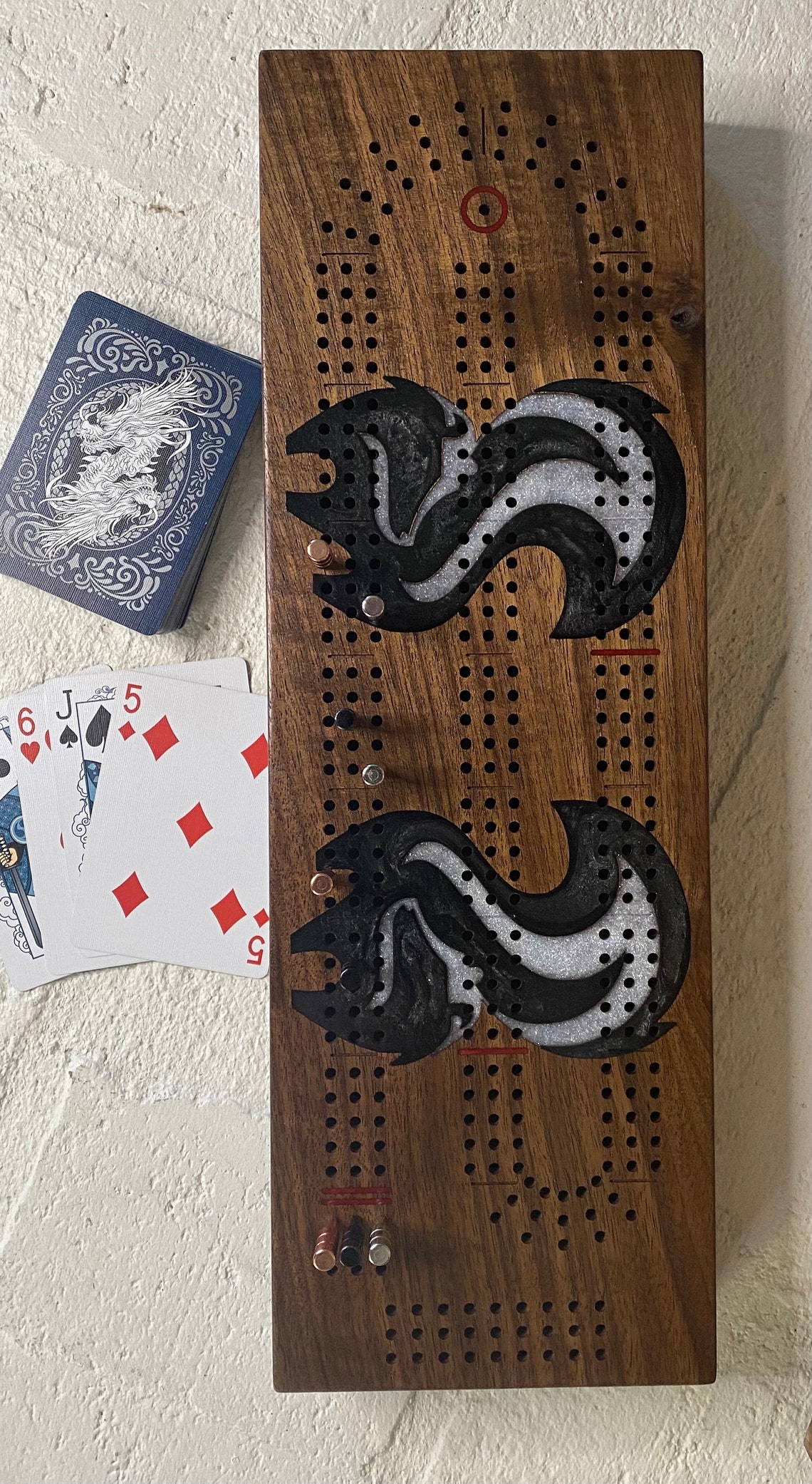 Cribbage Board, CNC Carved, Skunk Epoxy Inlay With Peg and Card Storage ...