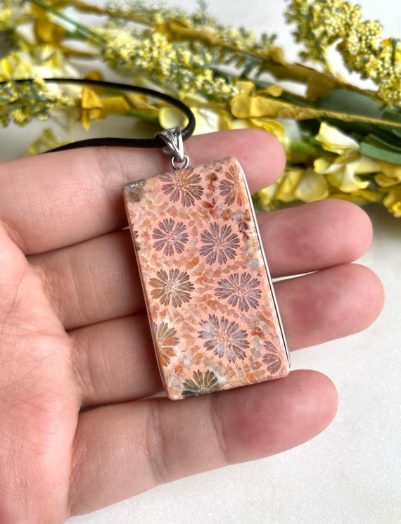 RARE! 42mm Pink Natural Coral Fossil Pendant/925 … - image 2