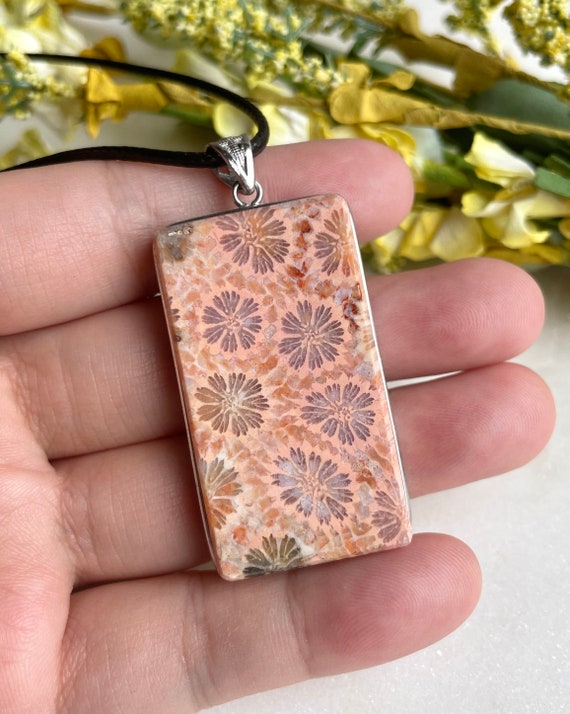 RARE! 42mm Pink Natural Coral Fossil Pendant/925 … - image 1