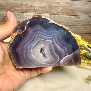 May include: A polished agate slice featuring concentric bands of deep purple, lavender, and translucent gray. The center contains a small, jagged geode cavity filled with sparkling white crystalline structures, surrounded by a rough, tan outer edge.