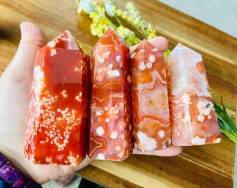RED FLORAL! Dyed 3.7” Flower Cherry Agate Tower/you pick/very red