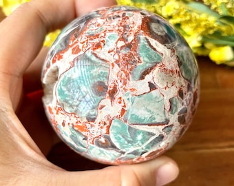 UNIQUE! 69mm Money Agate Sphere/elegant green orange with druse/rare find