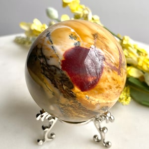 DENDRITIC! 63mm Mookaite Sphere/Orange Golden/scenic with dendritic/comes with stand