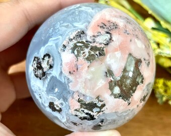 RARE!!! 63mm Pink Opal Mexican Agate Sphere/amazing patter/water painting/elegant pink and blue/collectors piece
