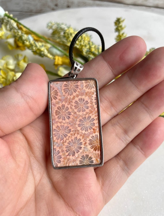 RARE! 42mm Pink Natural Coral Fossil Pendant/925 … - image 5