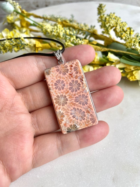 RARE! 42mm Pink Natural Coral Fossil Pendant/925 … - image 6