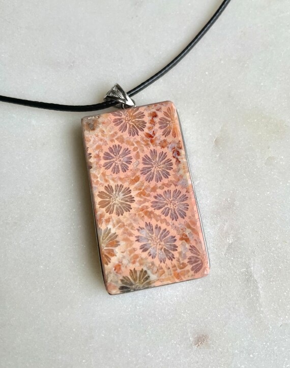RARE! 42mm Pink Natural Coral Fossil Pendant/925 … - image 4