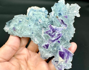May include: A cluster of blue and purple fluorite crystals with a cubic structure. The crystals are translucent and have a glassy lustre.