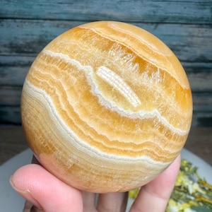 UNIQUE! 67mm Banded Yellow Calcite Sphere Thousand Layer Banding with rainbow sparkly spots/top quality/unique find