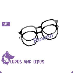 May include: Black and gray glasses SVG design. The glasses have a round frame. The image also includes the text "Rowen" and the words "Lupus and Lepus". A purple square with the letters "SVG" is in the upper left corner.