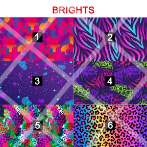 May include: Six different colorful patterns with numbers 1 through 6. The patterns include abstract shapes, zebra stripes, leopard spots, and a galaxy design.