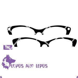 May include: Two black cat-eye glasses with a rounded shape. The glasses are stacked on top of each other.