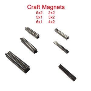 May include: Craft magnets in various sizes are displayed against a white background. The text "Craft Magnets" is at the top. The sizes listed are 5x2, 2x2, 5x1, 3x2, and 6x1, 4x2. The magnets are silver and cylindrical.