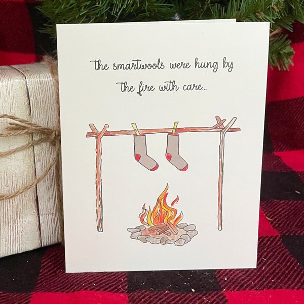 Watercolor Christmas Card for hiker, backpacker, camping enthusiast, outdoor family - “the smartwools were hung by the fire with care”