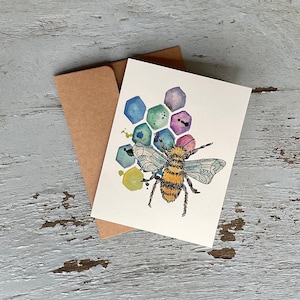 Carte de voeux aquarelle abeille et nid d'abeille pour anniversaire, je pense à vous, merci