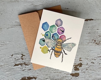 Watercolor bee & honeycomb greeting card for birthday, thinking of you, thank you