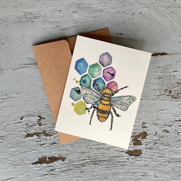 Watercolor bee & honeycomb greeting card for birthday, thinking of you, thank you