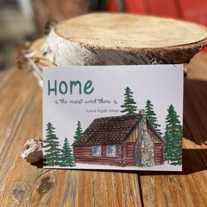 Aquarelle, pendaison de crémaillère / nouvelle carte pour la maison, « La maison est le plus beau mot qui soit » / cabane dans les bois