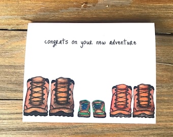 Watercolor New Baby Card, "Congrats on your new adventure," with three pairs of hiking boots - twin option available