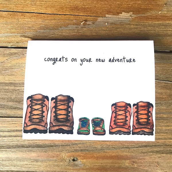 Watercolor New Baby Card, "Congrats on your new adventure," with three pairs of hiking boots - twin option available