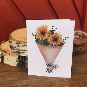 Carte de voeux bouquet de tournesols avec coeur, pensée pour vous, sympathie, envoi d'amour, mot de remerciement