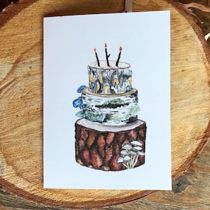 Tree Cake Birthday Card / Forest trees watercolor birthday card