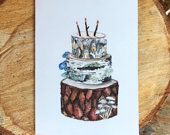 Carte d'anniversaire gâteau d'arbre / Carte d'anniversaire aquarelle d'arbres de la forêt