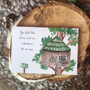 Watercolor treehouse card, "You feel like home and an adventure all at once" for anniversary, Valentine's Day