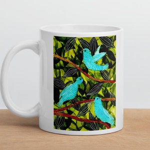 Blue Birds in Tree Ceramic Mug - Watercolor Art Coffee Cup, 11oz, 15oz, 17oz - Bird Lover Gift, Nature-Inspired Mug