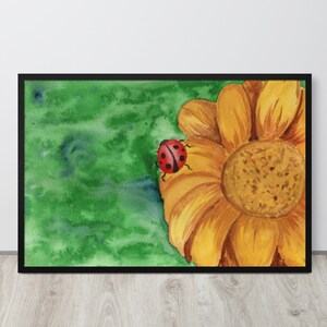 Sunshine & Spots: Cheerful Sunflower and Ladybug Watercolor Art (Framed/Unframed/Canvas)