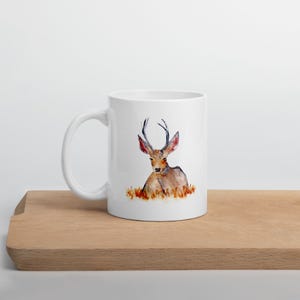 Ceramic Mug with Watercolor Deer Design | Wildlife Coffee Mug in 11, 15, 17 oz | Deer Lover Gift | Nature-Themed Art Mug