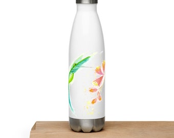 Reusable Stainless Steel Water Bottle featuring a Watercolor Hummingbird - Eco-Friendly & Unique Gift for Nature Enthusiasts! BPA-Free