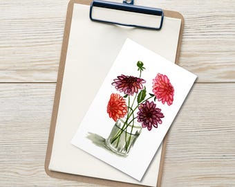 Postales de dalias en acuarela / Juego de 10 tarjetas florales en blanco