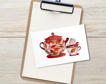 Aquarell Maus Teekanne Postkarten - Cozy Autumn Cottagecore Briefpapier Set