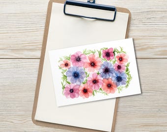 Postales de acuarela de anémona, arte floral, juego de 10 tarjetas mate