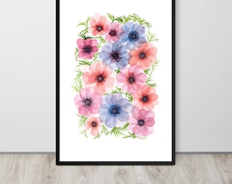Impresión artística de flor de anémona en acuarela: decoración botánica para pared/lienzo, con o sin marco.