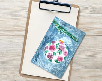 Juego de 10 postales con adornos florales navideños / Tarjetas navideñas en acuarela / Papelería navideña vintage
