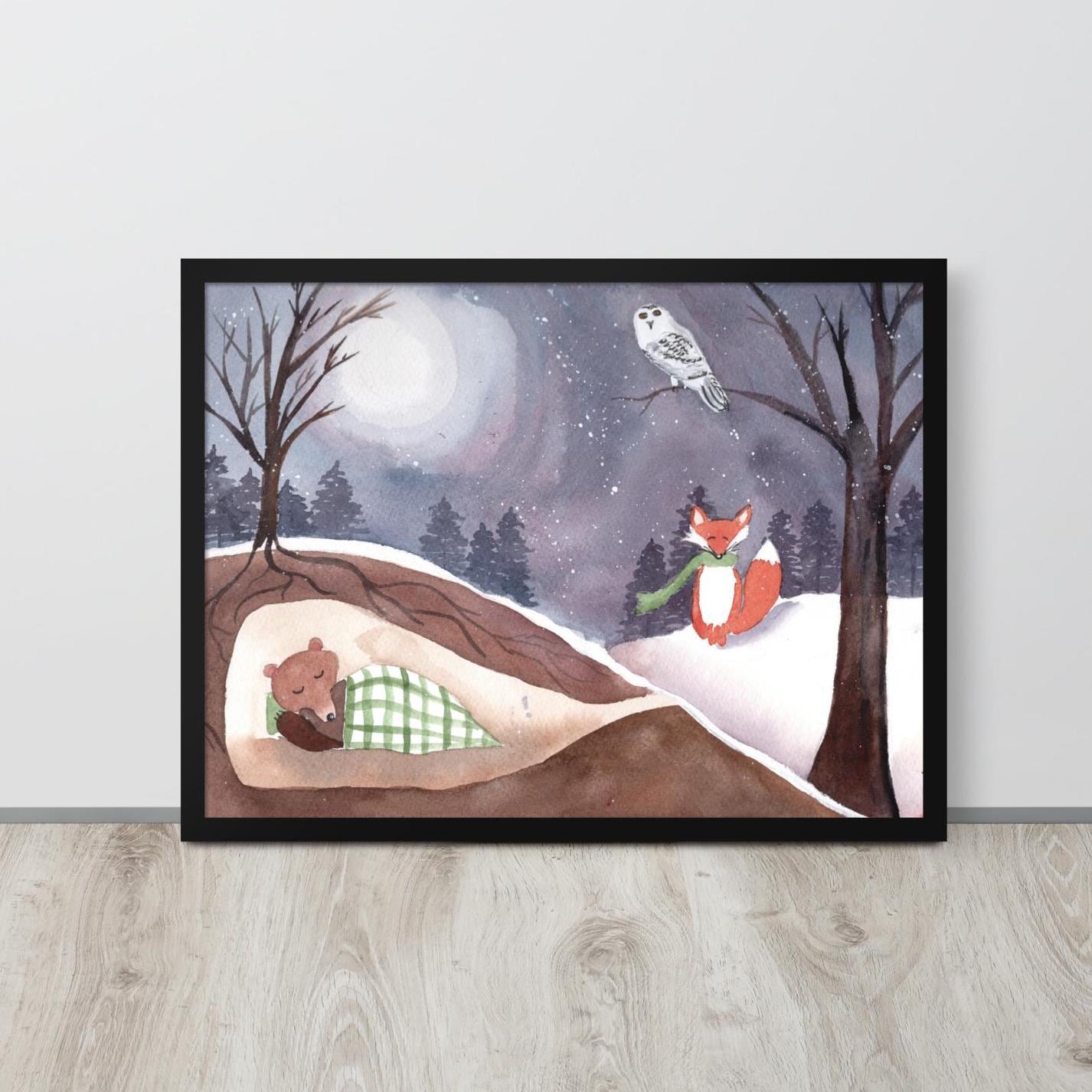 Woodland Winter Night Art Print: Owl, Fox & Bear