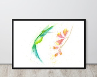 Impresión de acuarela de colibrí: arte botánico de aves, decoración de pared natural