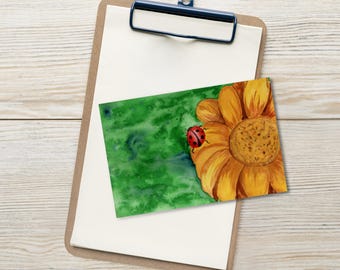 Juego de 10 postales de mariquita y girasol, tarjetas de acuarela para jardín, ilustración de naturaleza mate.
