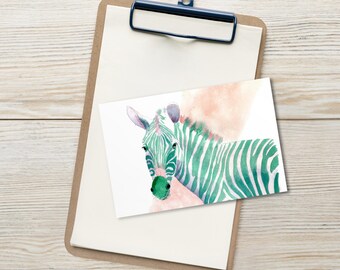 Juego de 10 postales de cebra / Tarjetas de arte animal en acuarela a todo color / Papelería Safari brillante / Postales de cebra originales / Arte maximalista