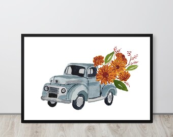 Impresión de acuarela de camión vintage: arte mural de granja con flores otoñales