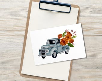 Vintage blaue LKW-Postkarten | Aquarell Herbstblumen, Bauernhaus Herbst Briefpapier