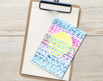Juego de 10 postales abstractas de puesta de sol en el océano con arcoíris / Tarjetas de arte playero en acuarela / Papelería costera / Postales coloridas de paisajes marinos