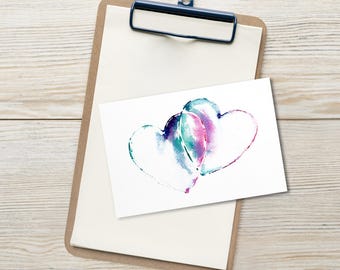 Set de postales de acuarela con forma de corazón / Notas románticas de amor, papelería en blanco