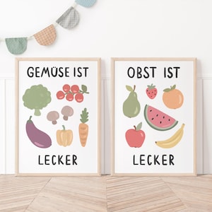 Obst Gemüse 2er Set  Lernposter A3 & A4 Kinderzimmer Poster Wanddekoration Montessori Früchte Lernen Plakat deutsch bunt