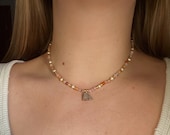 Agate Beaded Pearl Necklace with Rock Tumbled Pendant Rock Tumbler Handmade Jewelry Beaded Necklace Stone Pendant Seed Bead