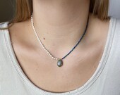 Navy Blue Beaded Pearl Necklace with Rock Tumbled Pendant Rock Tumbler Handmade Jewelry Beaded Necklace Stone Pendant Seed Bead