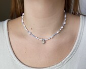 Blue Beaded Pearl Necklace with Rock Tumbled Pendant Rock Tumbler Handmade Jewelry Beaded Necklace Stone Pendant Seed Bead